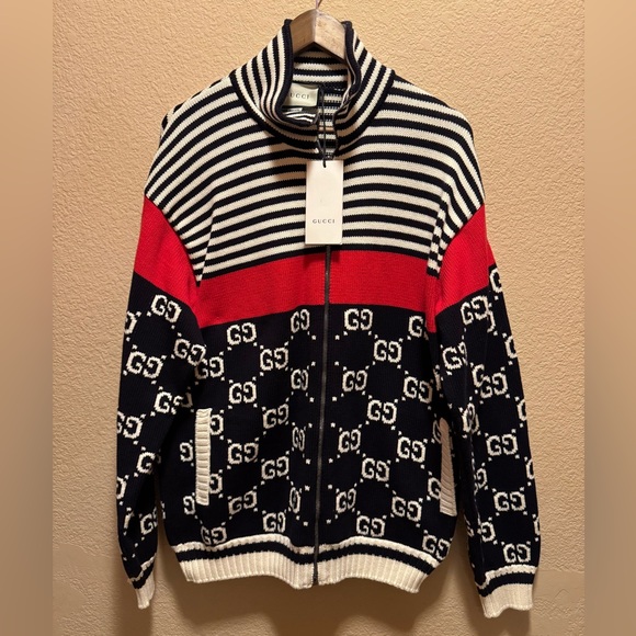 New Gucci GG Supreme Maxi Logo Full Zip Sweater Size L - Picture 1 of 12
